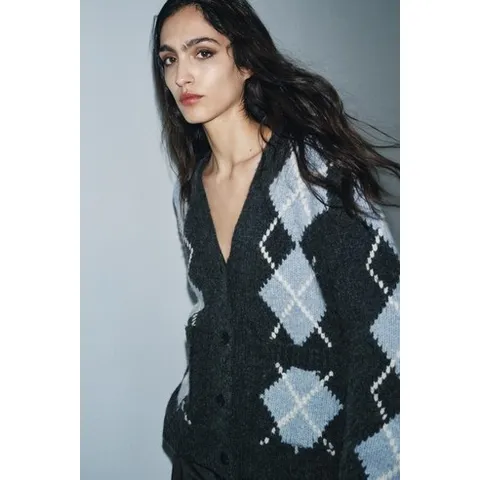 ZARA 자라 여성 니트 점퍼 카디건 오버사이즈 울 캐시미어 100% 아가일 - 그레이/블루 162702