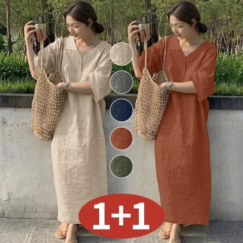 오스틱니 1+1 여성 린넨 브이넥 박스 맥시 시원한 원피스 봄 여름 빅사이즈 추천 반팔 무지 오버핏 V넥 얇은 더위 흡수 통기성 면 마 디자인 세련 스타일 휴양지 롱 원피스