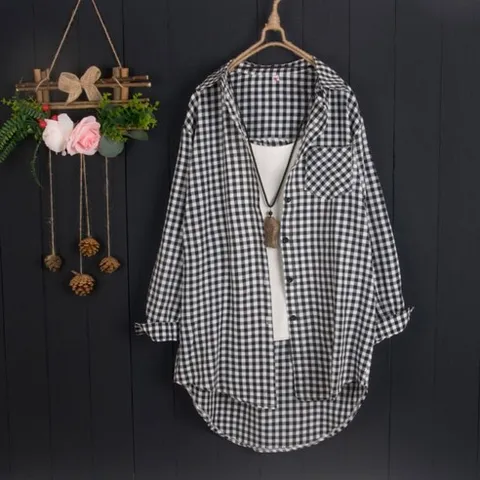 LUNATURE 여성용 체크 셔츠 포켓 남방 봄가을 데일리 루즈핏 캐주얼