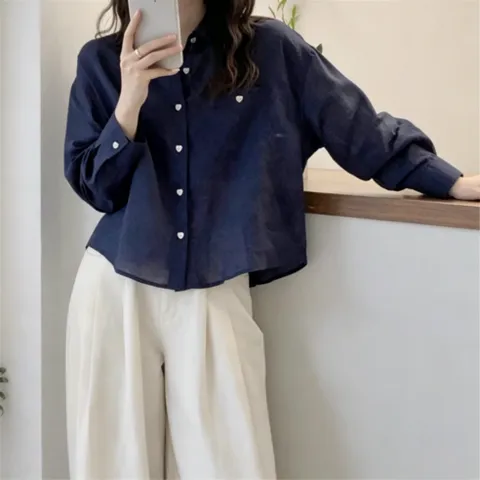 루스리더 여성 하트 단추 린넨 크롭 긴팔 셔츠 M280