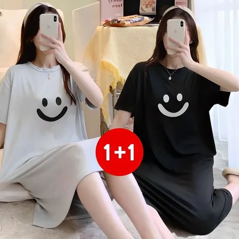 마쿠쿠 1+1 세트 스마일 여성 잠옷 홈웨어 원피스 반팔 롱 티셔츠