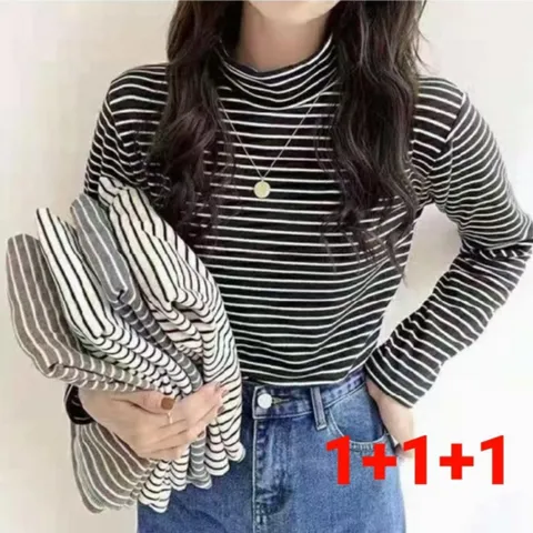 파퓰러 기모 반목 스트라이프 티셔츠 3종세트