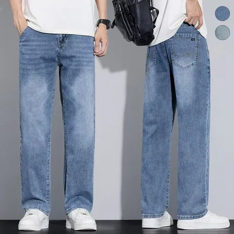 wassup 남자 여름 청바지 얇은 와이드 청바지 빅싸이즈 남성패션 워싱 스판 통바지