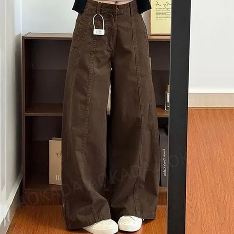 AOKADA 여성 벨티드 와이드 데님 팬츠 미들에이지 데일리 와이드 청바지