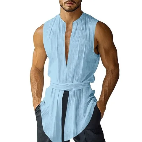 남성 머슬 탱크 탑 컷 오프 민소매 티셔츠 딥 브이 넥 캐주얼 여름 해변 베이직, Blue, Large