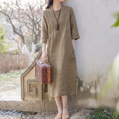 빛깃닥 여성 원피스 여름 린넨 자수 라운드넥 반팔 시원한