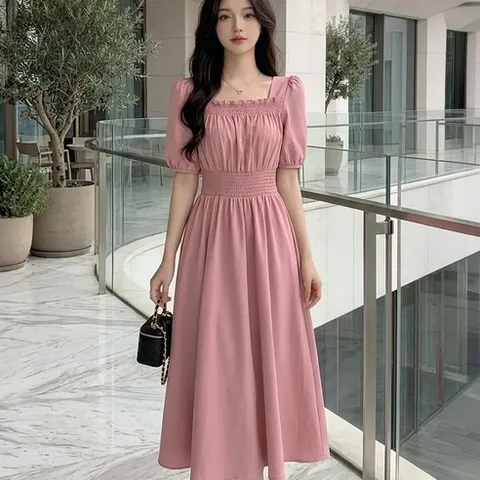 제이네오 스퀘어넥 퍼프 롱 원피스 봄 여름 반팔 플리츠 하객룩