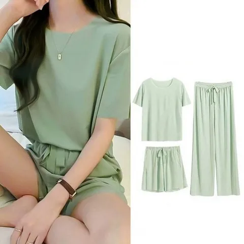 아이스쿨링 실크 네쥬 반팔티 3종세트 잠옷 홈웨어 긴바지 여성 3P 반바지 셔츠 여름 무봉제 시원한