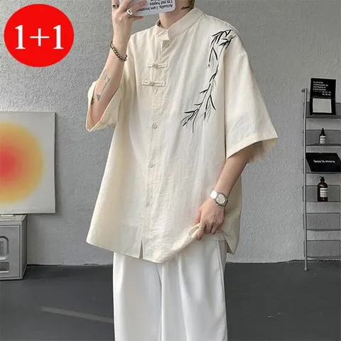 FINE ART 1+1 남성 자수 반팔 린넨 셔츠 오버핏 면마 남방 얇은 생활한복 빅사이즈 롱셔츠 데일리