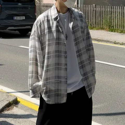 오프앤 여름 아이스 쿨링 링클프리 오버핏 긴팔 체크 셔츠 남방