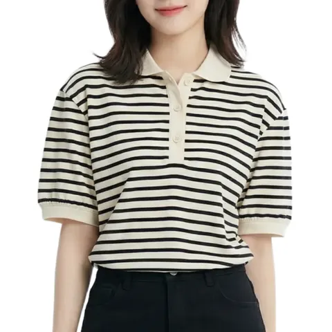 바이로이 여성 스트라이프 카라 스판 반팔 티셔츠