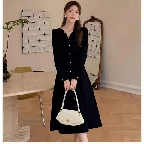 POMTOR 봄가을 여성용 미디 원피스 빅사이즈 긴팔 원피스 허리 조임 핏