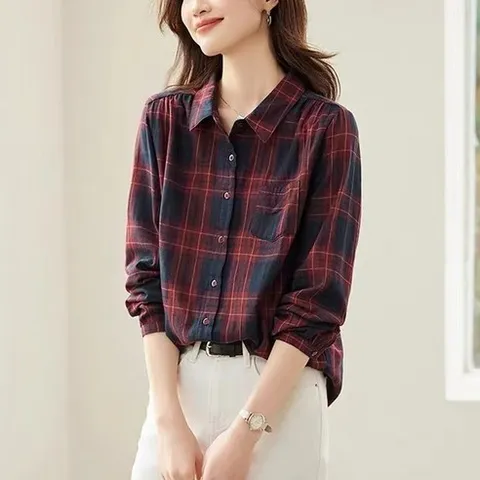 DUOMIHAN여성 체크 카라 셔츠 버튼 슬림핏 오피스룩CMZ072711