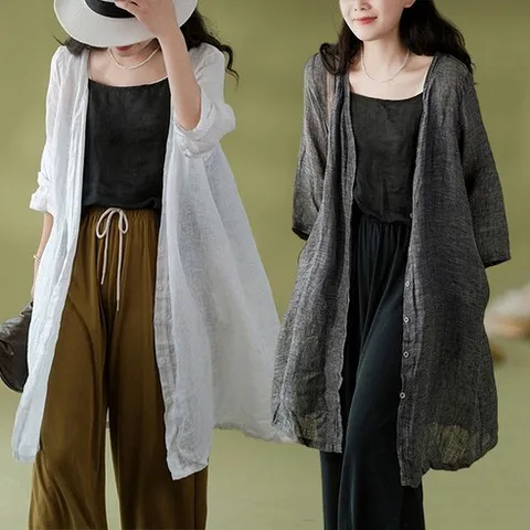 FINE ART 여성 얇은 린넨 롱가디건 빅사이즈 면마 자켓 오버핏 7부 롱티셔츠 자외선차단 여름코트 데일리