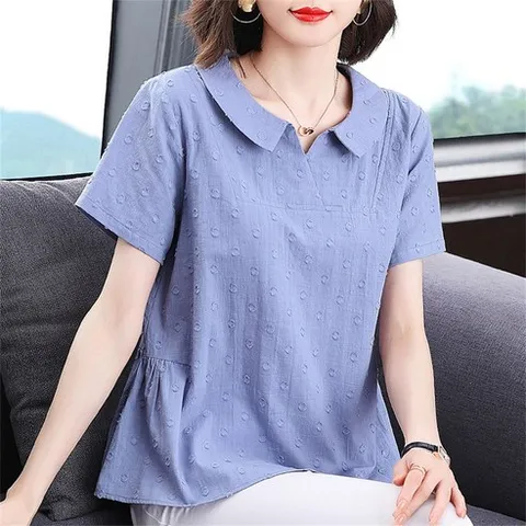 VEZRI 여성 반소매 블라우스 루즈핏 카라 티셔츠 봄 여름 데일리
