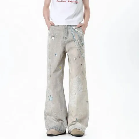 쏠비치 모래사장 셸체인 프린트 부츠컷 자수 데님 팬츠