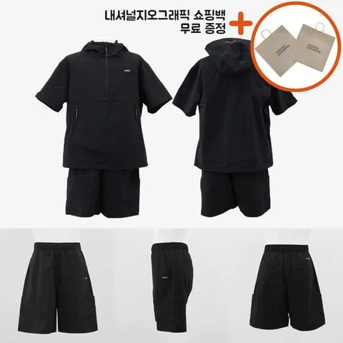 [백화점신상판/AS가능] 내셔널지오그래픽 아델리 경량 우븐 반팔 반바지 후드 아노락 셋업 세트 트레이닝복 운동복 츄리닝 남자 여자 공용 happyJ 카본 블랙