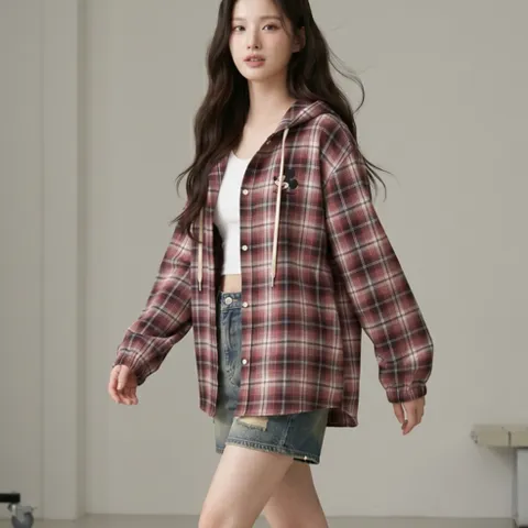 디즈니 미키마우스 자수 체크 후드남방 오버핏 셔츠 셔켓