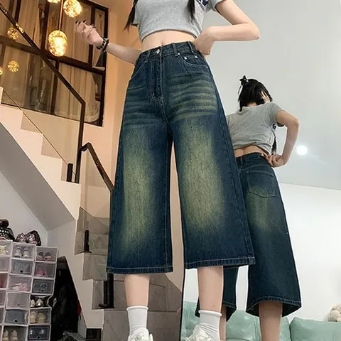 여성 데님 팬츠 하이웨이스트 와이드 7부 일자 반바지 청 반바지 와이드 여름데님 여성반바지 빅사이즈 빈티지 워싱 청반바지