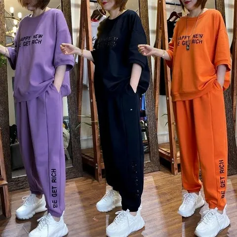150kg까지 오버사이즈 운동복 상하세트 루즈핏여름여성캐주얼 반팔티맨투맨허리밴딩 와이드 조거팬츠