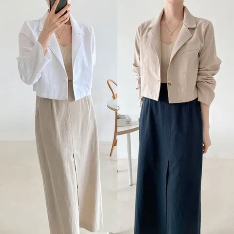 여성 린넨 크롭 자켓 봄 여름 가을 테일러드 카라 워싱 린넨면 마 숏자켓 데일리룩 출근룩 여행룩