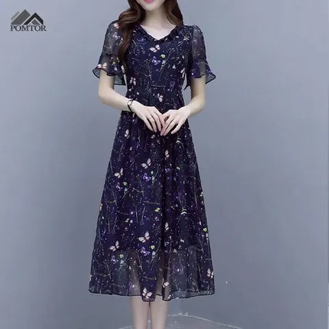 POMTOR 여름 여성원피스플라워쉬폰슬림 미디원피스