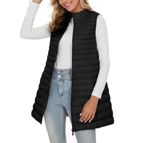 ELFJOY 롱 패딩 조끼 여성용 겨울 초경량 다운 스탠드 칼라 로즈 아우터 블랙. 122066