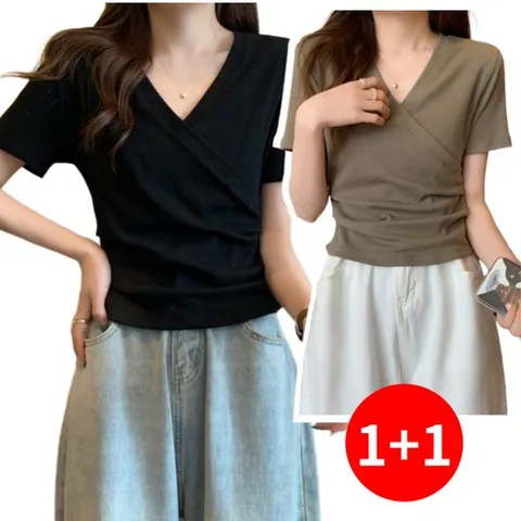 하루랩 1+1 셔링 브이넥 티셔츠 반팔 이너티 랩 기본 티