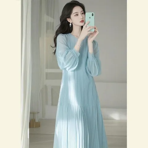 유니픽봄여름 쉬폰 롱원피스 여성 우아한 주름 긴팔 원피스ddn