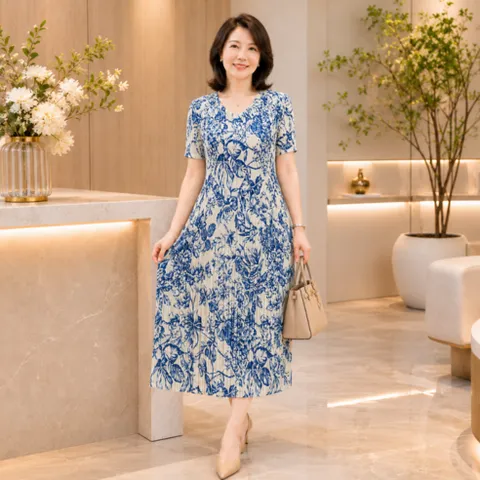 릴리캄 여성 플리츠원피스 플라워 반팔원피스 롱원피스