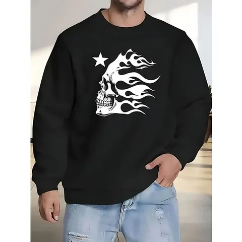 남성 고딕 스타일 화염과 해골 프린트 갈색 라운드 넥 스웨터 - 넉넉한 긴팔 풀오버 신축성 있는 니트 스웨터 흰색 해골과 검은 화염 디자인 세탁기로 세탁 가능한 대형 캐주얼