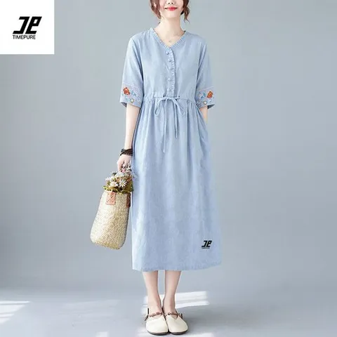 여름 에스닉 면 마 원피스 여 고급 허리 조임 루즈핏 날씬해 보이는 기질 린넨 스커트 개량 한복 일상복 나들이룩