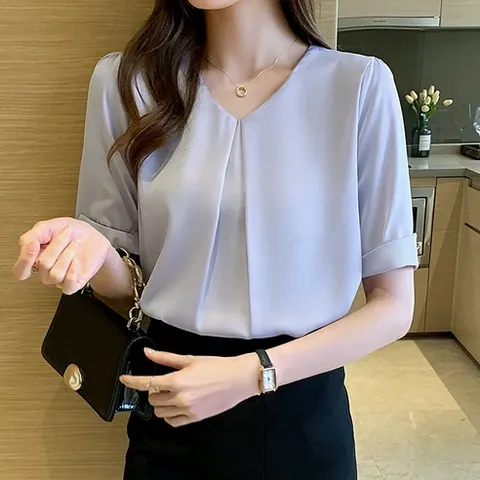 FINE ART여성여름 셔츠 브이넥 루즈핏 직장인 반팔블라우스