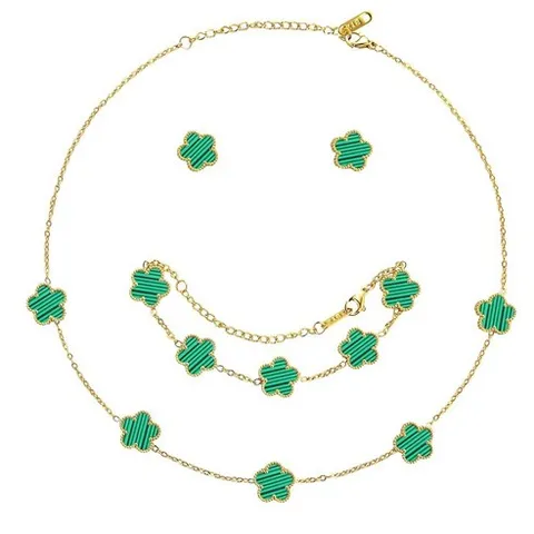 AmorArtSky 럭키 클로버 주얼리 세트 - 18K 골드 도금 플라워 디자인 오엽 팔찌 목걸이 펜던트 여성용 귀걸이 엄마 아내 딸 친구를 위한 선물