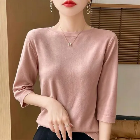 지존보여성봄 여름 가을 간절기 베이직 코튼 라운드넥7부소매티셔츠캐주얼 루즈핏