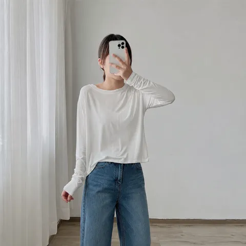 여성용 세미크롭 모달 긴팔 티셔츠