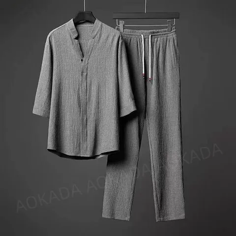 AOKADA 남성 여름 아이스 냉감 플리츠 브이넥 셔츠 긴바지 상하의 세트