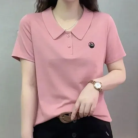 ROYALBELLE 여성 카라넥 단추 반팔 빅사이즈 자수 포인트 베이직 티셔츠 캐주얼룩 K040919