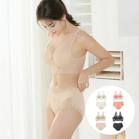 발레리 시그니처 레이스 앞지퍼 브라 노와이어 볼륨 리프팅 쿨에어 여성속옷 편한브라 여름브라 4set - VL37