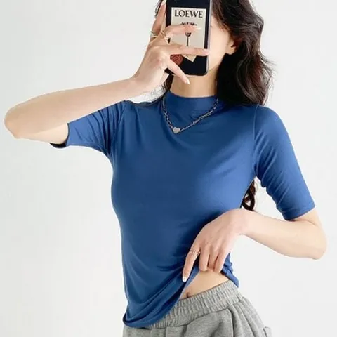 여름 모달 소매5부 얇은 찰랑 스판 이너 반목 반팔티 목폴라 폴라티 반목티 반폴라티