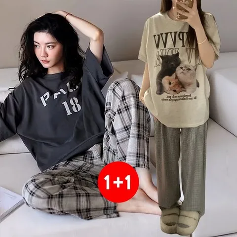 마쿠쿠 1+1 세트 체크 긴바지여성반팔티 투피스 잠옷홈웨어