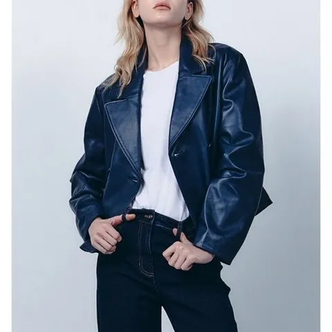 로보 더블 브레스트 레더 크롭 자켓