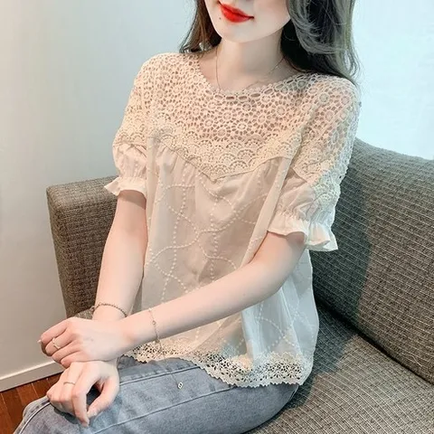 레이스블라우스 여성 레이스 펀칭 블라우스 아사면 아일렛블라우스 자수