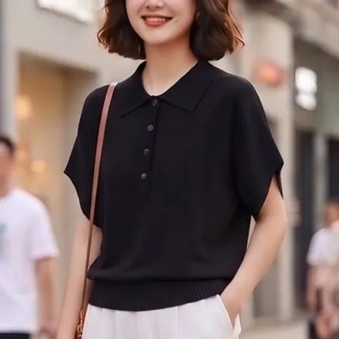 여성 여름 카라 니트 반팔 블라우스 루즈핏 버튼 니트티 데일리 오피스룩