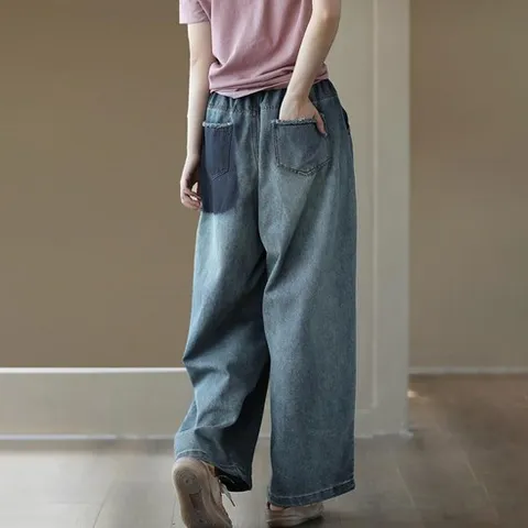 ROYALBELLE 여성 캐주얼 통바지 하이웨스트 데님 와이드핏 루즈핏 롱팬츠 일자핏 포켓 포인트 뒷포켓 밴딩 청바지 바지 B0081628