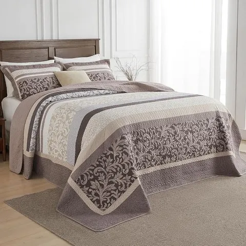 파인스티체리 농가 킹 침대 스프레드 128x120 100% 면 오버사이즈 퀼트 커버렛 세트 스트라이프 식물 패턴 가볍고 부드러운 침구 올 시즌 브라운/카키/그레이