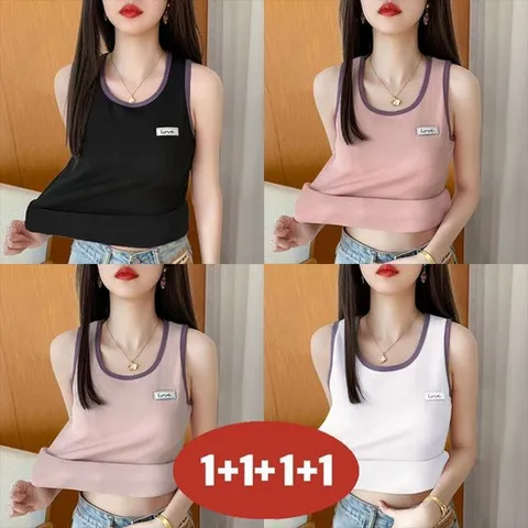 오스틱니 100kg까지 빅사이즈 1+1+1+1 여성 냉장고 입체 스트라이프 민소매 티셔츠 여름 편한 심플기본티 데일리 패션 기질 배색 소프트 통기성 캐주얼 이너 상의 세트 티