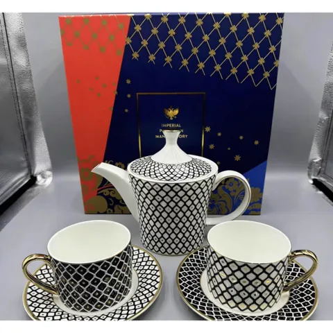 로모노소프 LOMONOSOV 고급 금테두리 화이트 다이아몬드 패턴 도자기 티포트 5P 세트, 2, 5개, 1