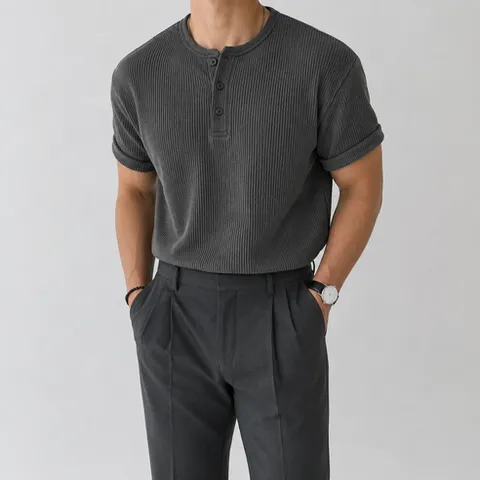 mmbrand 남자 어깨넓어보이는 와플 헨리넥 여름 반팔티 4 color