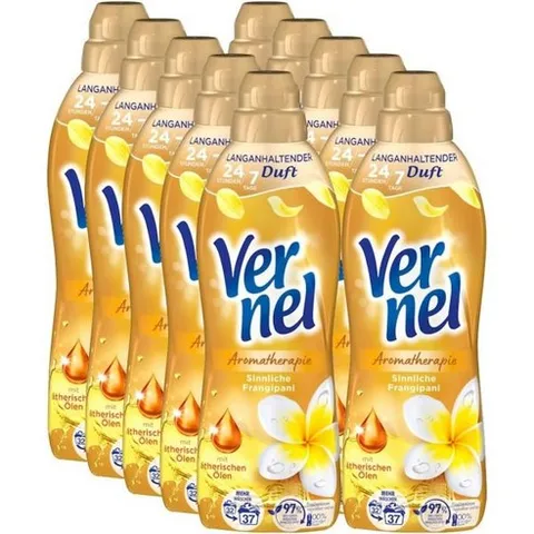 Vernel 버넬 아로마테라피 감각적인 프랑지파니 섬유 유연제 444WL 12개 37회 세탁 가능 24시간 내내 신선함을 유지하는 에센셜 오일 함유 향기 재활용 가능한 병, 814 ml (10er Pack)